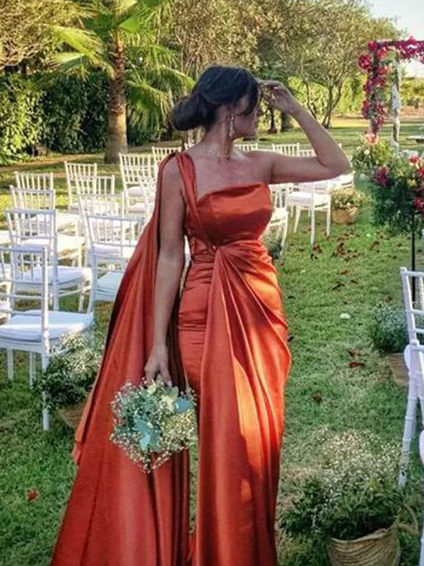One Shoulder Burnt Orange Satin Long Evening Prom Dresses, DB0302