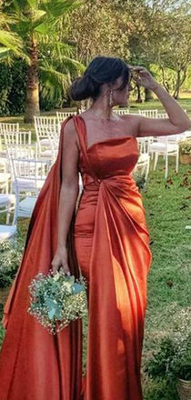 One Shoulder Burnt Orange Satin Long Evening Prom Dresses, DB0302