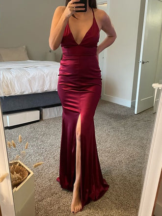 Deep V-neck Burgundy Satin Mermaid Long Evening Prom Dresses, DB0303