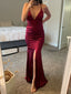 Deep V-neck Burgundy Satin Mermaid Long Evening Prom Dresses, DB0303