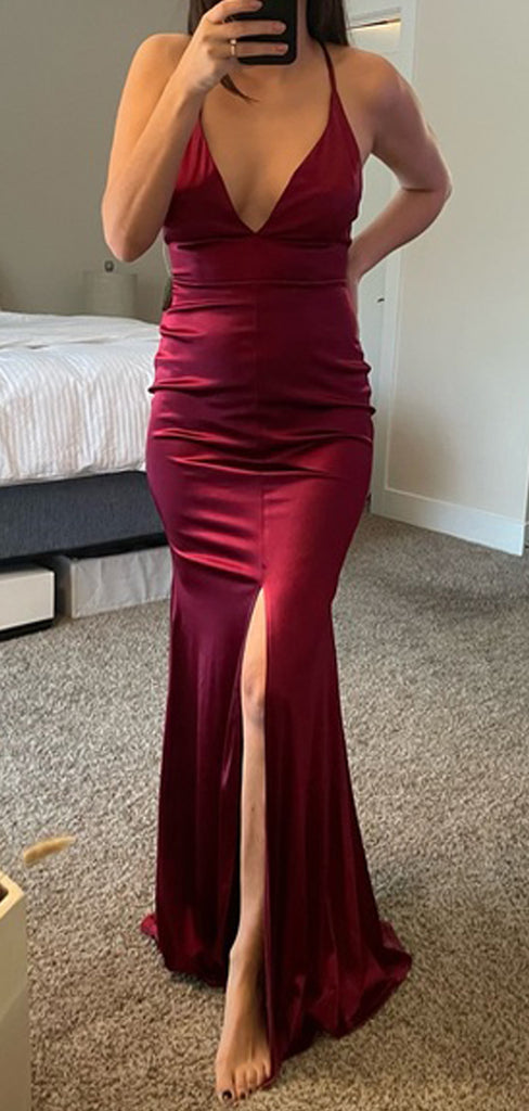 Deep V-neck Burgundy Satin Mermaid Long Evening Prom Dresses, DB0303