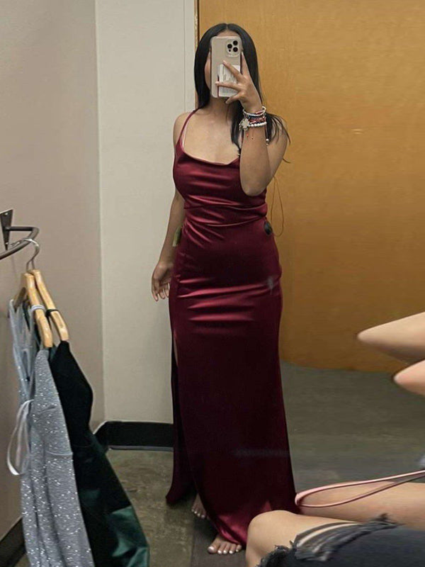 Simple Burgundy Satin Mermaid Long Side Slit Evening Prom Dresses, DB0304
