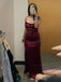 Simple Burgundy Satin Mermaid Long Side Slit Evening Prom Dresses, DB0304