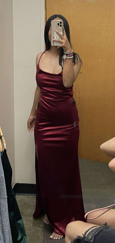 Simple Burgundy Satin Mermaid Long Side Slit Evening Prom Dresses, DB0304