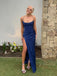 Sheath Spaghetti Straps Blue Satin Long Evening Prom Dresses, High Slit Prom Dress, DB0305