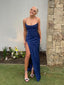 Sheath Spaghetti Straps Blue Satin Long Evening Prom Dresses, High Slit Prom Dress, DB0305