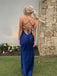 Sheath Spaghetti Straps Blue Satin Long Evening Prom Dresses, High Slit Prom Dress, DB0305