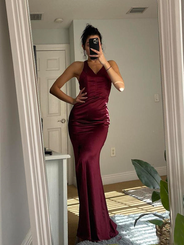 Simple V-neck Burgundy Satin Backless Long Evening Prom Dresses, DB0306