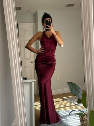 Simple V-neck Burgundy Satin Backless Long Evening Prom Dresses, DB0306