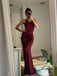 Simple V-neck Burgundy Satin Backless Long Evening Prom Dresses, DB0306