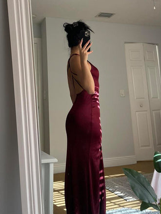 Simple V-neck Burgundy Satin Backless Long Evening Prom Dresses, DB0306