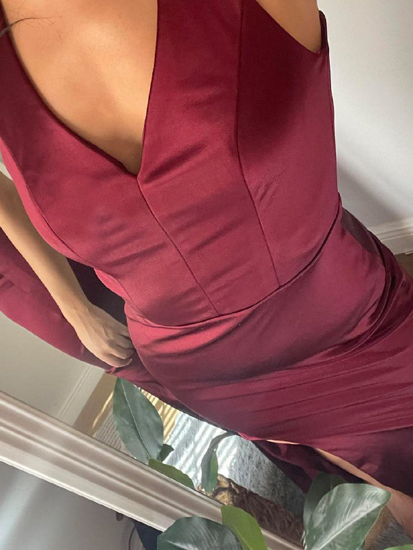 Simple V-neck Burgundy Satin Backless Long Evening Prom Dresses, DB0306