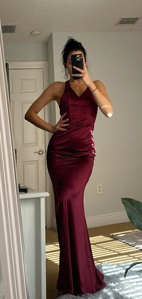 Simple V-neck Burgundy Satin Backless Long Evening Prom Dresses, DB0306