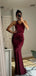 Simple V-neck Burgundy Satin Backless Long Evening Prom Dresses, DB0306