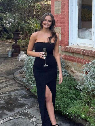 Strapless Black FDY Side Slit Long Evening Prom Dresses, DB0308