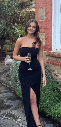 Strapless Black FDY Side Slit Long Evening Prom Dresses, DB0308