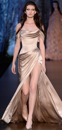 Formal Taupe Satin Side Slit Long Evening Prom Dresses, Off Shoulder Prom Dress, DB0310