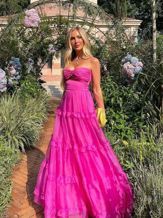 Hot Pink A-line Sweet Heart Long Evening Prom Dresses, DB0311