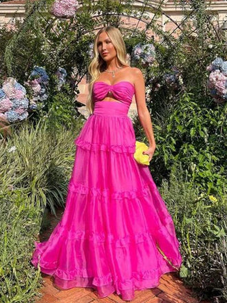 Hot Pink A-line Sweet Heart Long Evening Prom Dresses, DB0311