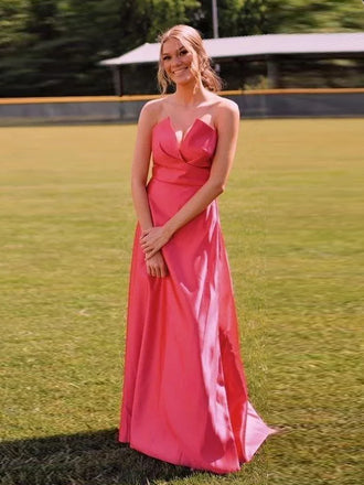 Popular Pink Satin A-line Long Evening Prom Dresses, Strapless Prom Dress, DB0312