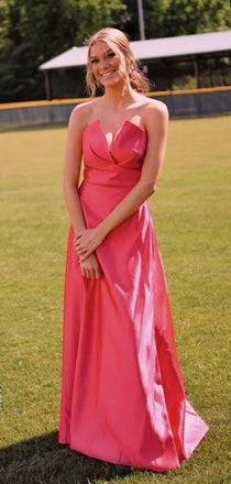 Popular Pink Satin A-line Long Evening Prom Dresses, Strapless Prom Dress, DB0312