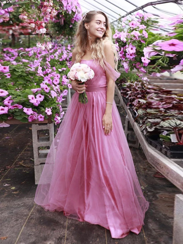 Off Should Tulle Long A-line Evening Prom Dresses, DB0313
