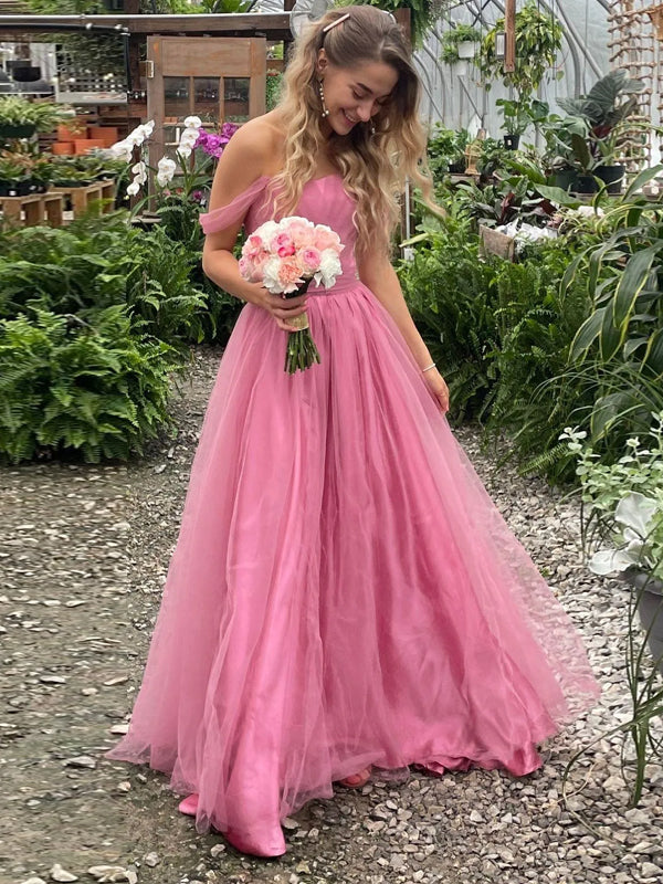 Off Should Tulle Long A-line Evening Prom Dresses, DB0313