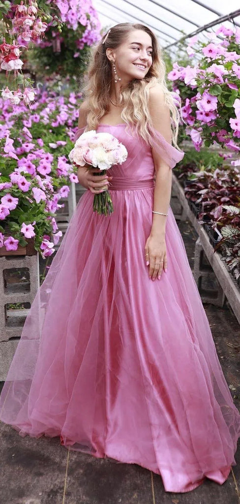 Off Should Tulle Long A-line Evening Prom Dresses, DB0313