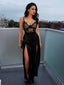 Black Lace High Slit Long Evening Prom Dresses, V-neck Prom Dress, DB0315
