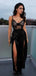 Black Lace High Slit Long Evening Prom Dresses, V-neck Prom Dress, DB0315