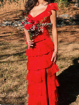 Red Lace V-neck Mermaid Long Evening Prom Dresses, DB0316