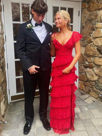 Red Lace V-neck Mermaid Long Evening Prom Dresses, DB0316