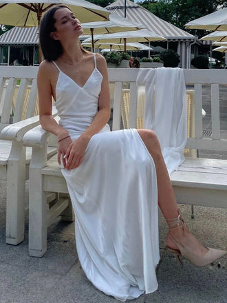 White Satin V-neck Long Evening Prom Dresses, Side Slit Wedding Dress, DB0317
