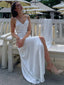 White Satin V-neck Long Evening Prom Dresses, Side Slit Wedding Dress, DB0317