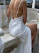 White Satin V-neck Long Evening Prom Dresses, Side Slit Wedding Dress, DB0317