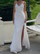 White Satin V-neck Long Evening Prom Dresses, Side Slit Wedding Dress, DB0317