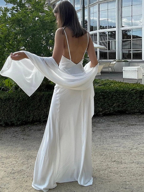 White Satin V-neck Long Evening Prom Dresses, Side Slit Wedding Dress, DB0317