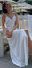 White Satin V-neck Long Evening Prom Dresses, Side Slit Wedding Dress, DB0317