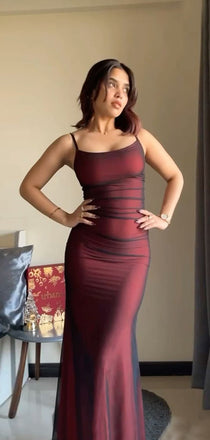 Gorgeous Spaghetti Straps Black Chiffon Red Long Evening Prom Dresses, DB0319