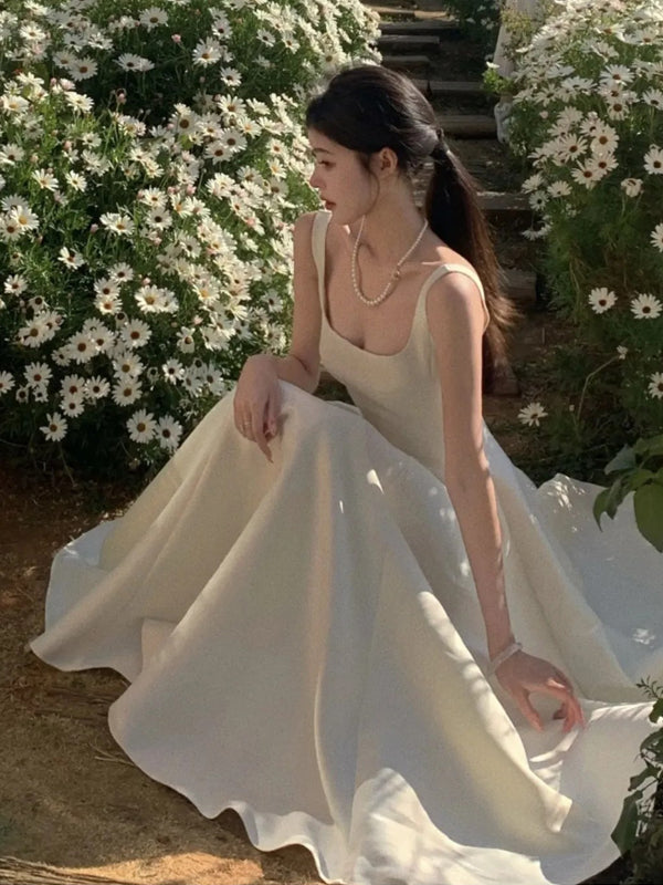 Simple A-line Long White Satin Evening Prom Dresses, Short Wedding Dress, DB0320