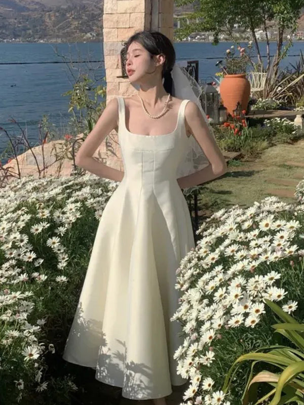 Simple A-line Long White Satin Evening Prom Dresses, Short Wedding Dress, DB0320