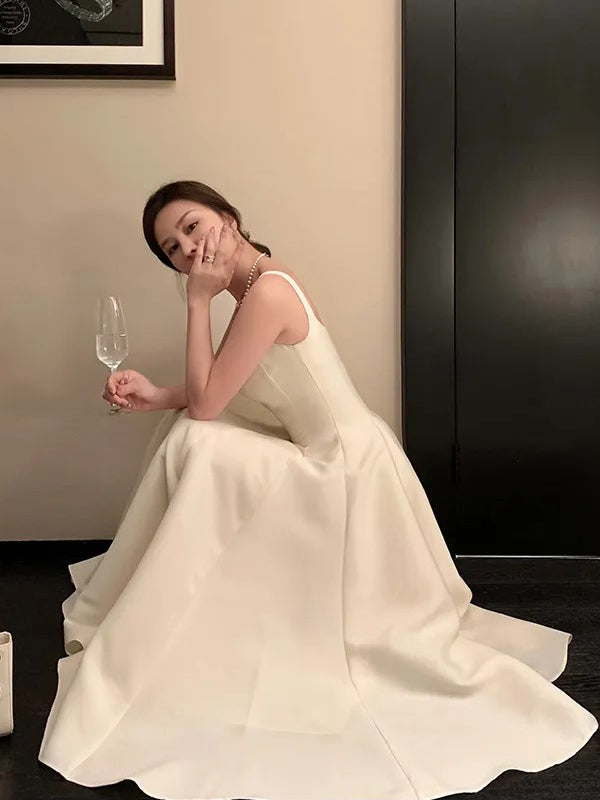 Simple A-line Long White Satin Evening Prom Dresses, Short Wedding Dress, DB0320