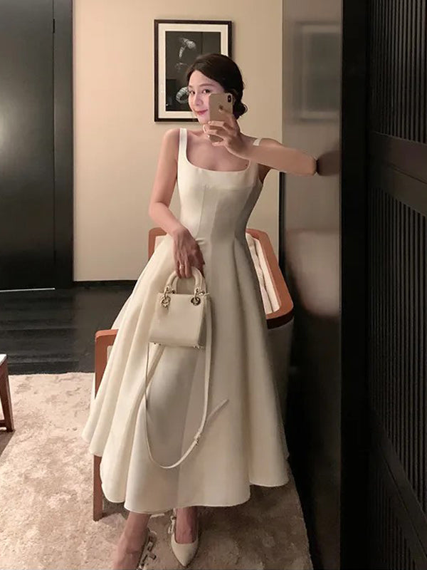 Simple A-line Long White Satin Evening Prom Dresses, Short Wedding Dress, DB0320