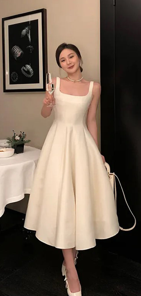 Simple A-line Long White Satin Evening Prom Dresses, Short Wedding Dress, DB0320