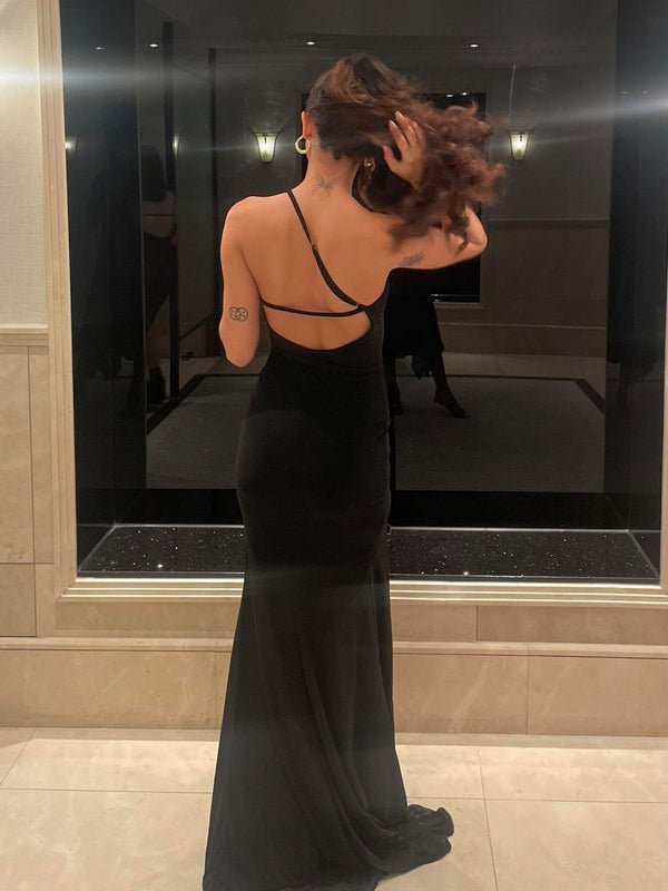 Black Simple One Shoulder Side Slit Long Evening Prom Dresses, DB0321