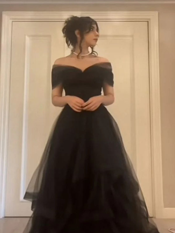 Black Tulle Off Shoulder Long A-line Evening Prom Dresses, DB0322
