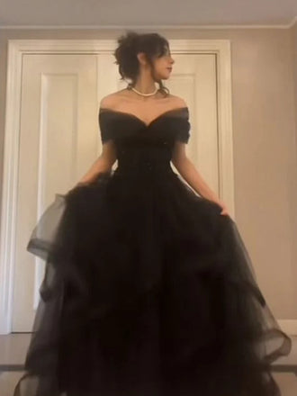 Black Tulle Off Shoulder Long A-line Evening Prom Dresses, DB0322