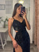 Black Sequins High Slit Long Evening Prom Dresses, V-neck Prom Dress, DB0323
