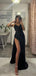 Black Sequins High Slit Long Evening Prom Dresses, V-neck Prom Dress, DB0323