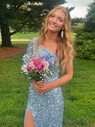 Long Sleeves Blue Sequins Long Evening Prom Dresses, One Shoulder Prom Dress, DB0325